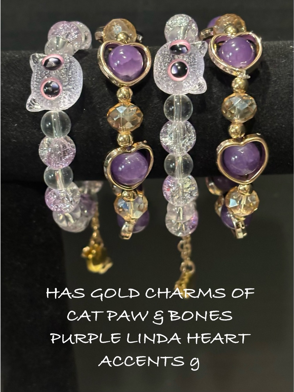 GORGEOUS PURPLE CRACKED GLASS BEADED BRACELETS W/CAT CHARM & LINDA HEART ACCENTS